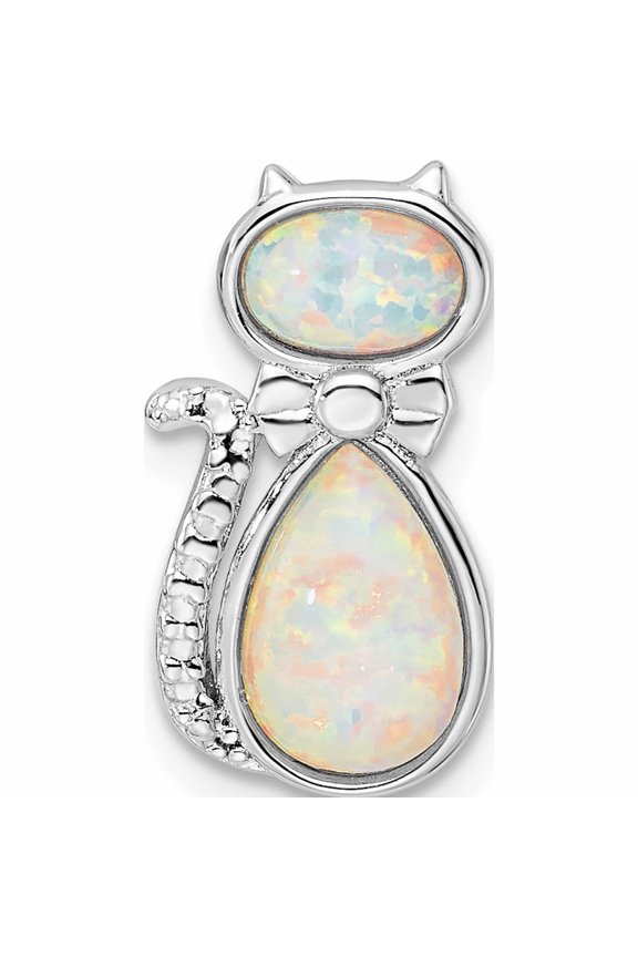Sterling Silver Rhodium-Plated White Created Opal Cat Chain Slide (17.65 X 9.57) Made In China -Jewelry By Sweet Pea