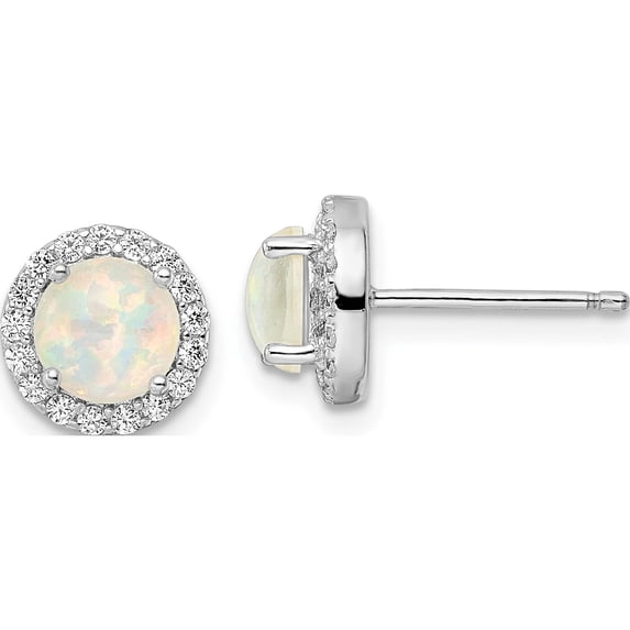 Sterling Silver Rhodium-Plated White Created Opal & Cz Halo Post Earrings (8.72 X 8.75) Made In China qe16406