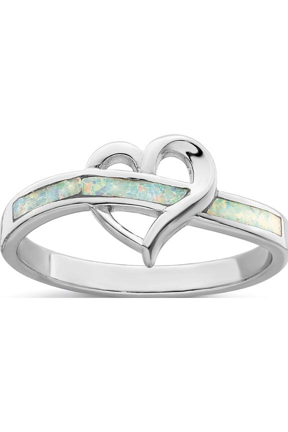 Sterling Silver Rhodium-Plated White Created Opal Inlay Heart Ring (Size 8) Made In China qr7334-8