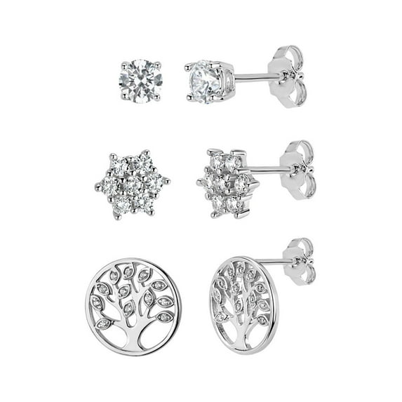 Sterling Silver Rhodium Plated White Cubic Zirconia Cluster, Tree Of Life and Stud Earrings Set