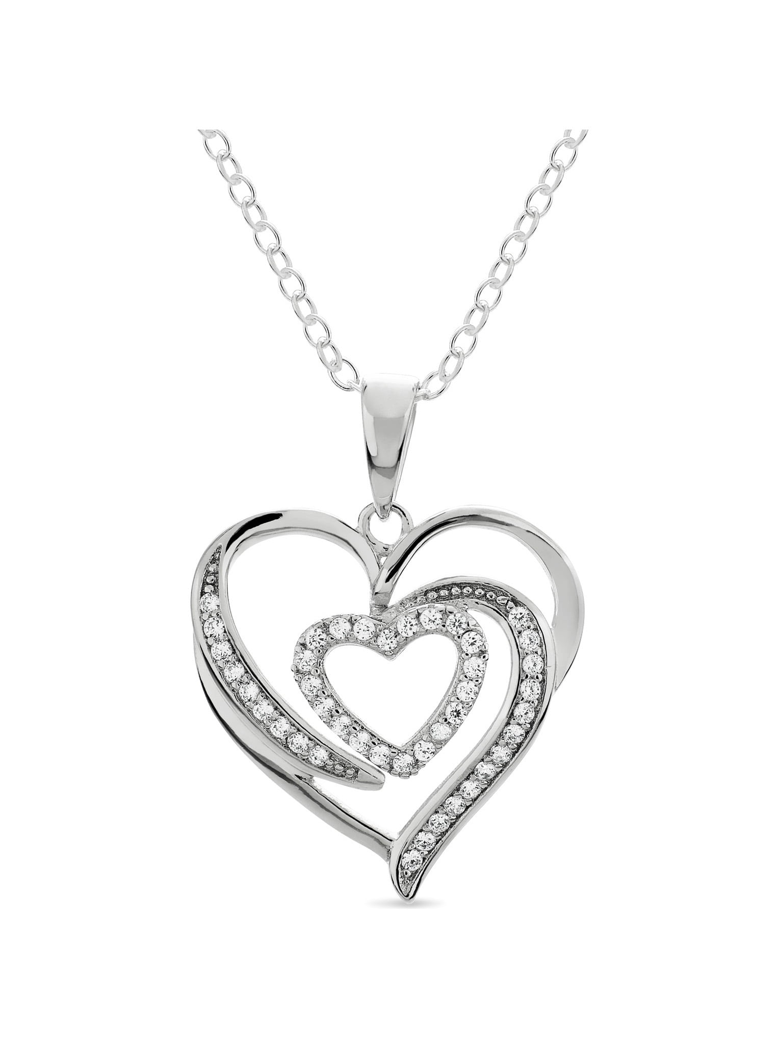 Sterling Silver Rhodium Plated White Cubic Zirconia Double Heart Pendant Necklace 18 Inches