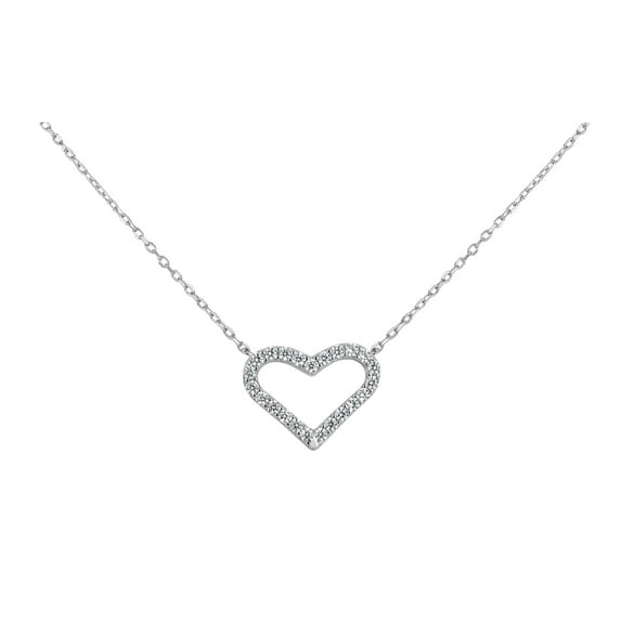 Sterling Silver Rhodium Plated White Cubic Zirconia Open Heart Necklace 18 Inches