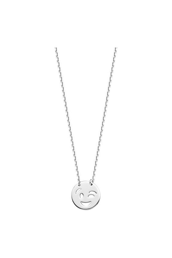 Sterling Silver Rhodium Plated Winking Smiley Face Adjustable Necklace Lace - 1.6 Grams - 18 Inch