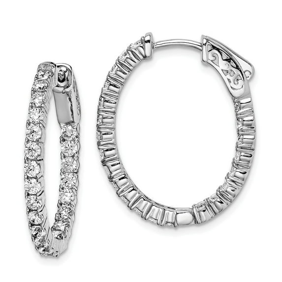Sterling Silver Rhodium Plated With Cubic Zirconia Hinged Oval Hoop Earrings - Measures 26x20mm Wide