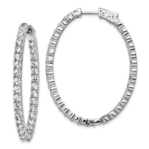Sterling Silver Rhodium Plated With Cubic Zirconia Hinged Oval Hoop Earrings - Measures 44x34mm Wide