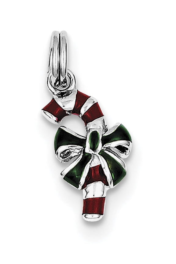 Sterling Silver Rhodium-Platedenamel Candy Cane Charm (22 X 8) Made In China qc6074