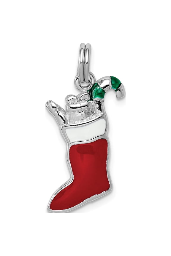 Sterling Silver Rhodium-Platedenamel Stocking Charm (25 X 13) Made In China qc6078