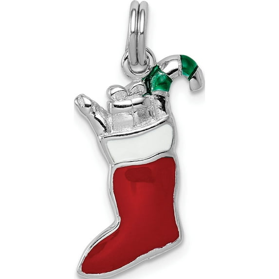 Sterling Silver Rhodium-Platedenamel Stocking Charm (25 X 13) Made In China qc6078