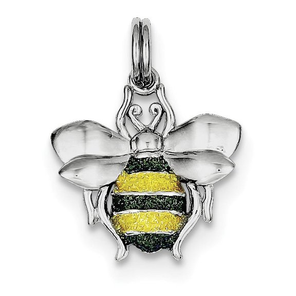Sterling Silver Rhodium-Platedgreen & Yellow Enamel Bee Charm (18 X 18) Made In China qp1153