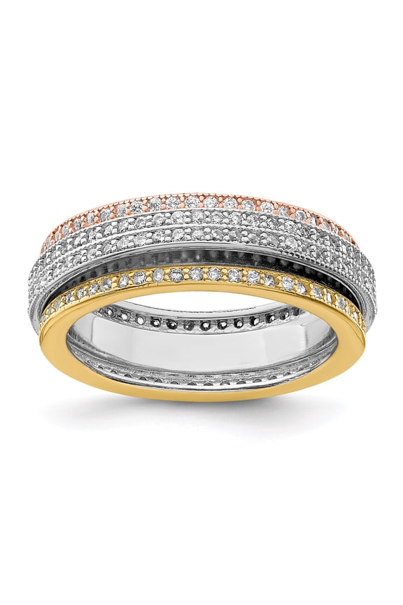 Sterling Silver Rhodium Polished Tri-color Pavâ€š Eternity Motion Ring