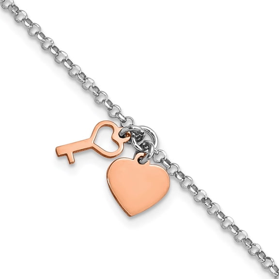 Sterling Silver Rhodium Rose-Tone Heart & Key With 1.5In Ext. Bracelet Made In Italy qg4601-6