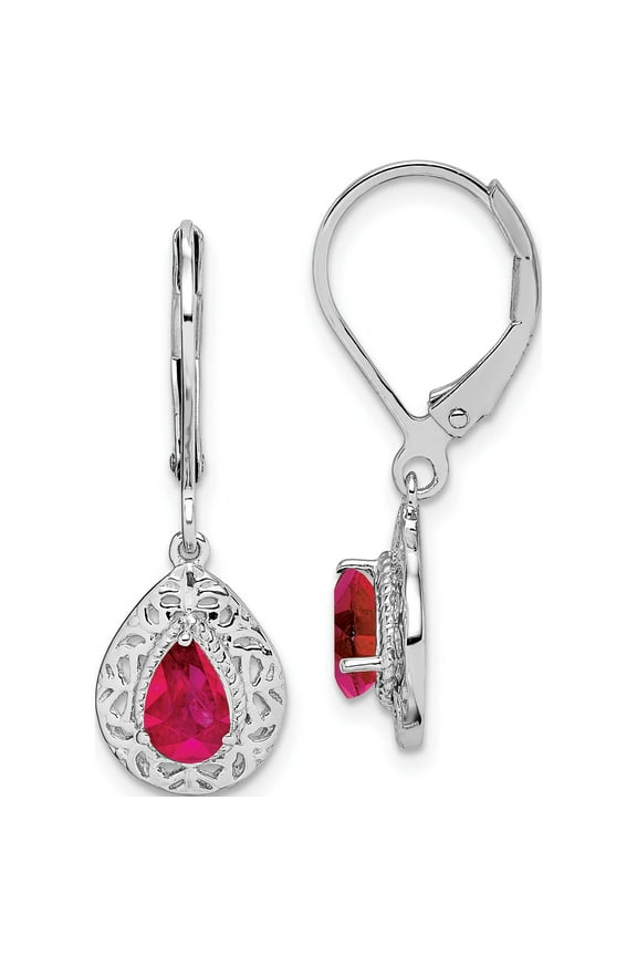 Sterling Silver Rhodium Ruby Teardrop Lever Back Earrings (28 X 9) Made In India qe10017r
