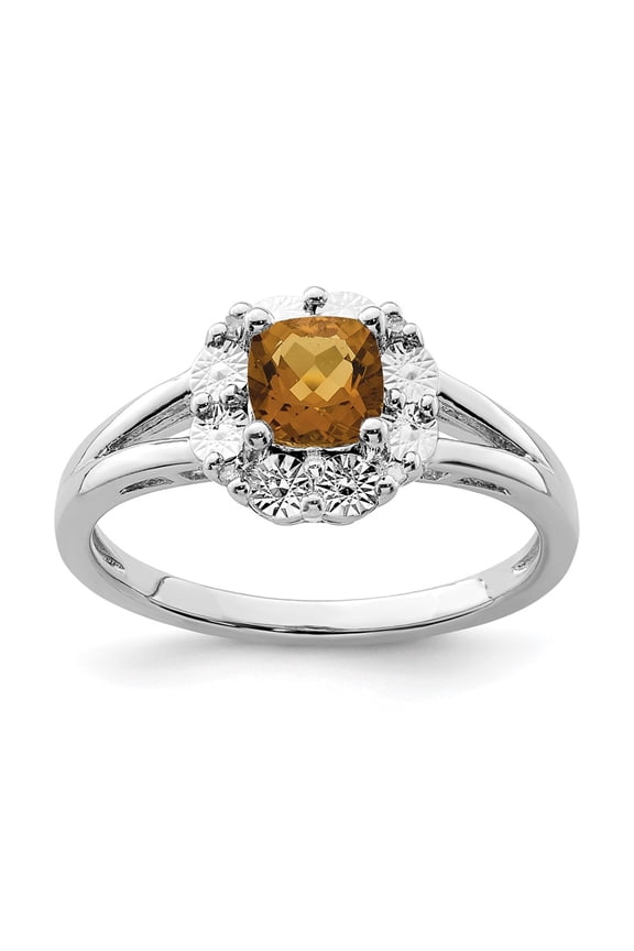 Sterling Silver Rhodium Whiskey Quartz Diamond Ring
