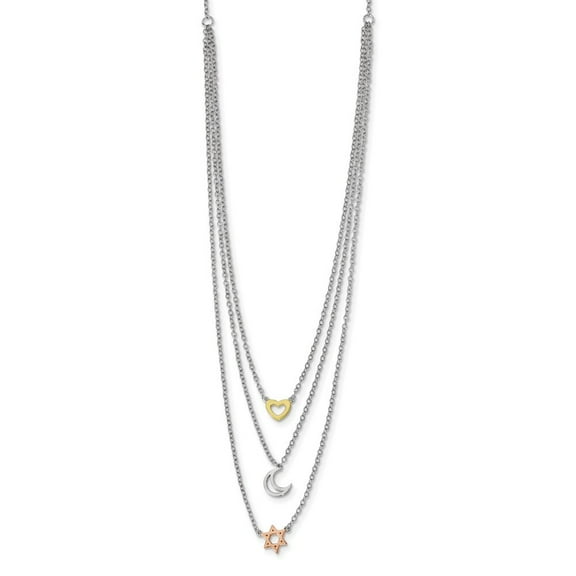 Sterling Silver Rhodium-plate Gold and Rose-tone Sun Moon Star Necklace - 16 Inch - Measures 9mm Wide