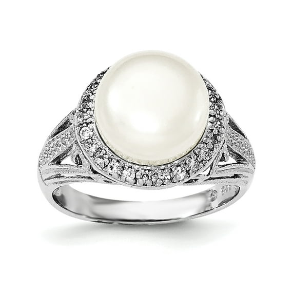 Sterling Silver Rhodium-plated 10-11mm White FreshwaterC Pearl and Cubic Zirconia Ring