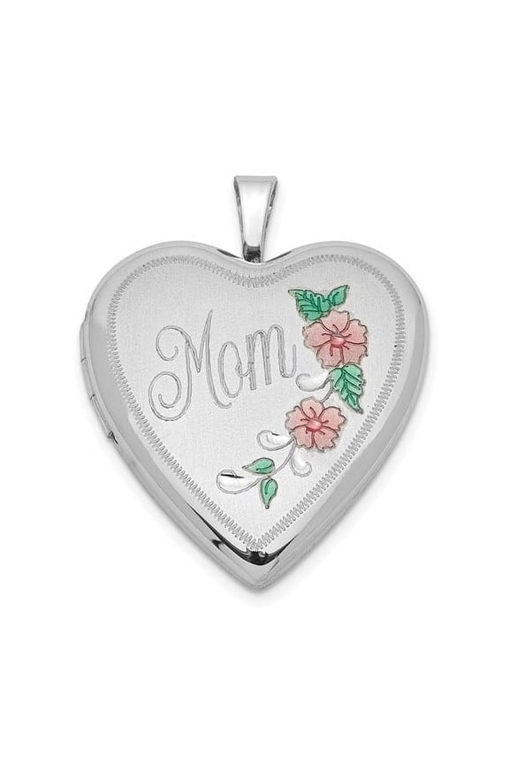 Sterling Silver Rhodium-plated 20mm Enameled Floral Mom Heart Locket
