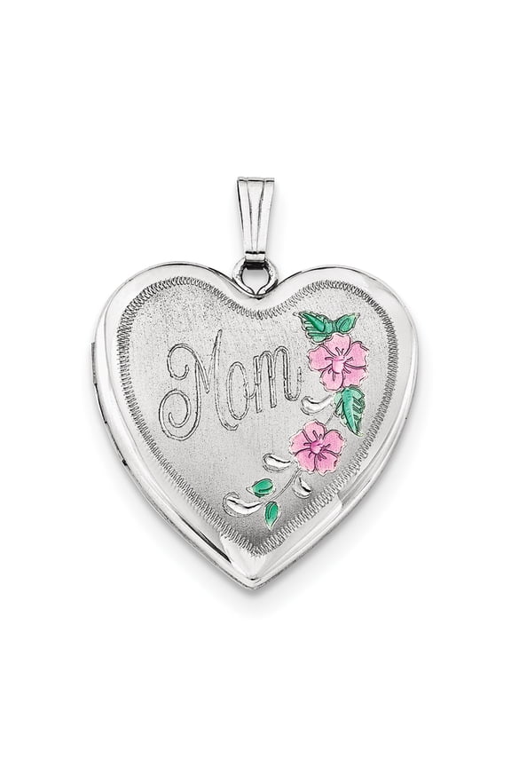 Sterling Silver Rhodium-plated 24mm Enameled Floral Mom Heart Locket