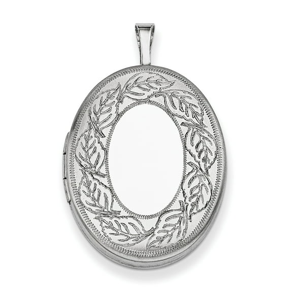 Sterling Silver Rhodium-plated 26mm Leaf Border Oval Locket