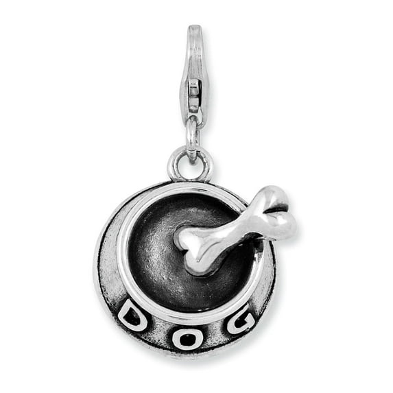 Amore La Vita Sterling Silver Rhodium-plated Polished 3-D Dog Bowl and Bone Charm with Fancy Lobster Clasp
