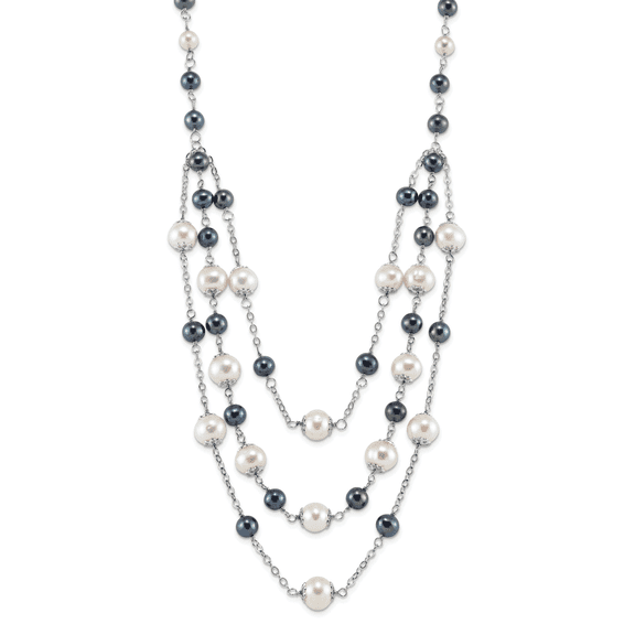Sterling Silver Rhodium-plated 6-10mm White and Black Freshwater Cultured Pearl Layered 17 inch with 2 inch Extension Necklace QH5422