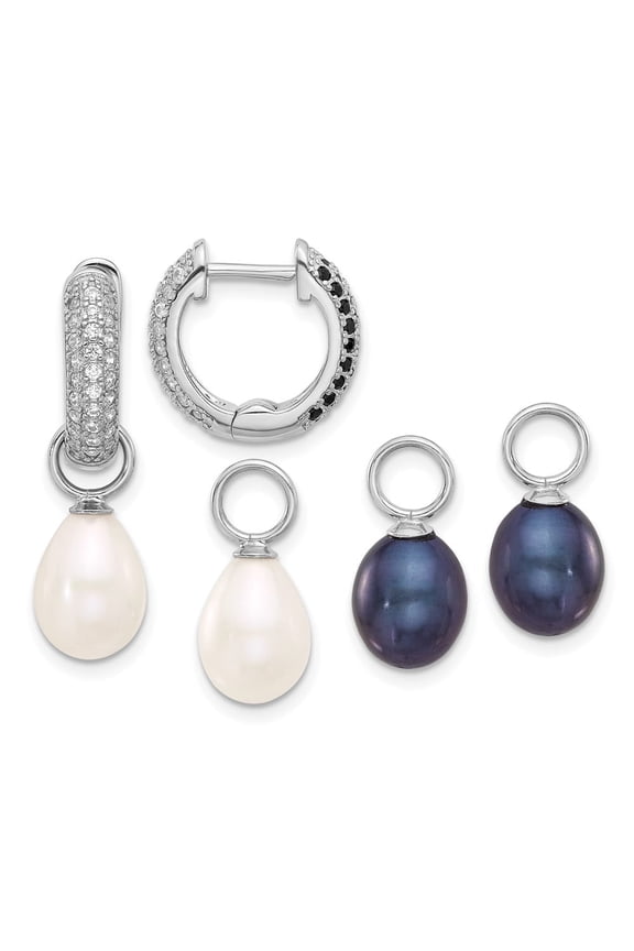 Sterling Silver Rhodium-plated 7-8mm Black and White Rice Freshwater Cultured Pearl and CZ Interchangeable Post Earrings Set