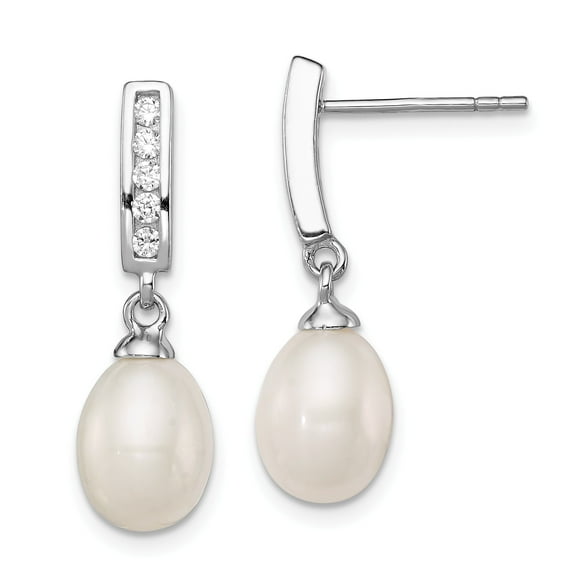Sterling Silver Rhodium-plated 8-9mm White FWC Pearl CZ Post Dangle Ear