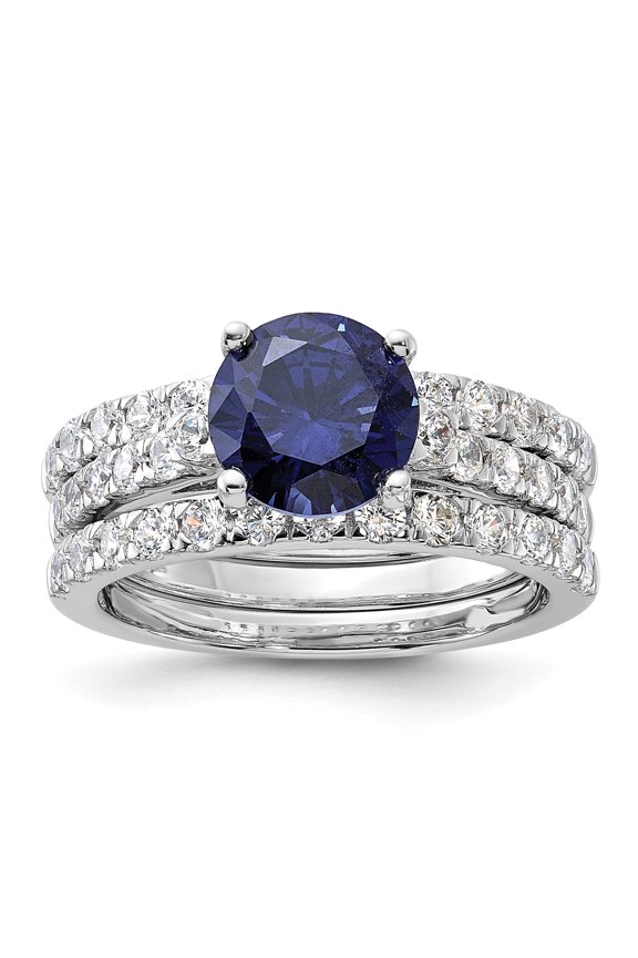 Sterling Silver Rhodium-plated 8mm Blue CZ Engagement Ring and White CZ Wedding Band Set QR6932