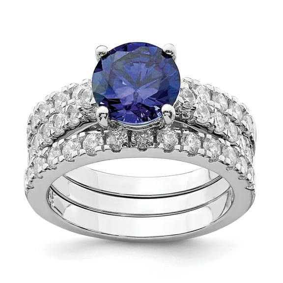 Sterling Silver Rhodium-plated 8mm Blue Cubic Zirconia Ring & 2 Cubic Zirconia Band Set Ring Size 6