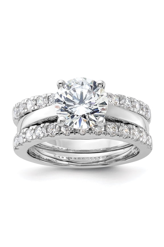 Sterling Silver Rhodium-plated 8mm CZ Solitaire & 2 CZ Bands Set QR6933