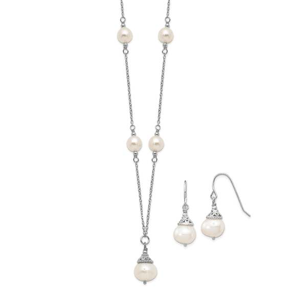 Sterling Silver Rhodium-plated 9-10mm White Near-Round Freshwater Cultured Pearl 18 inch Necklace and Dangle Earrings Set QG5612SET