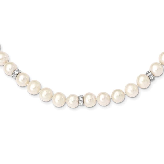 Sterling Silver Rhodium-plated 9-10mm White Near-Round Freshwater Cultured Pearl and CZ 18 inch Necklace QH5547