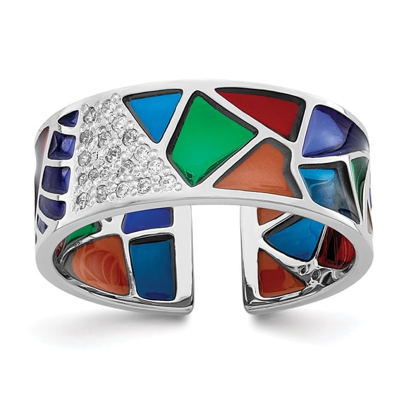 Sterling Silver Rhodium-plated Abstract Multi-color Enamel & Cubic Zirconia Cuff Ring Size 6