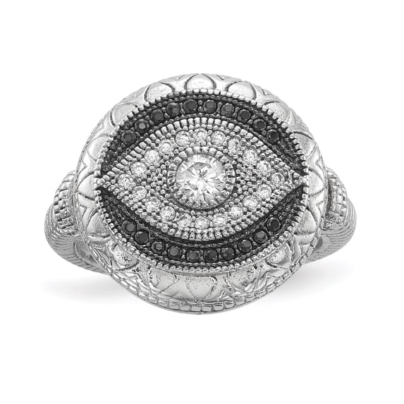 Sterling Silver Rhodium-plated Black and White CZ Evil Eye Ring Size 8