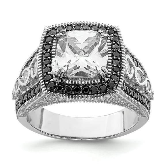 Sterling Silver Rhodium-plated Black and White Cubic Zirconia Halo Engagement Ring Size 6