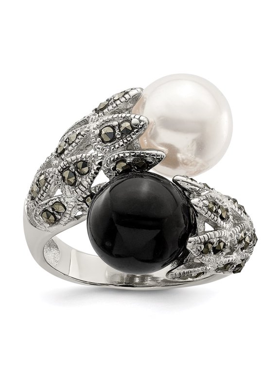 Sterling Silver Rhodium-plated Black and White Plastic Imitation Pearl Marcasite Ring