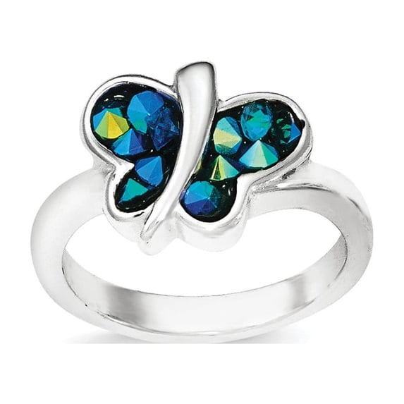 Sterling Silver Rhodium-plated Blue Crystal Butterfly Ring