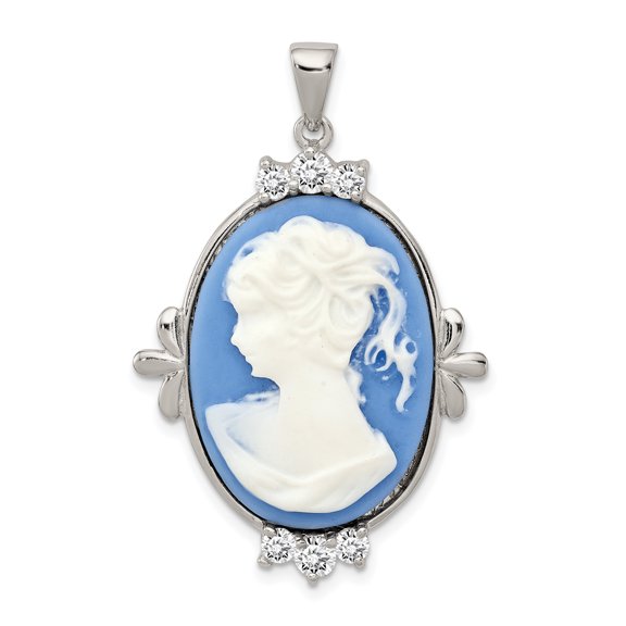 Sterling Silver Rhodium-plated Blue Plastic Cameo with CZ accents Pendant QP1262