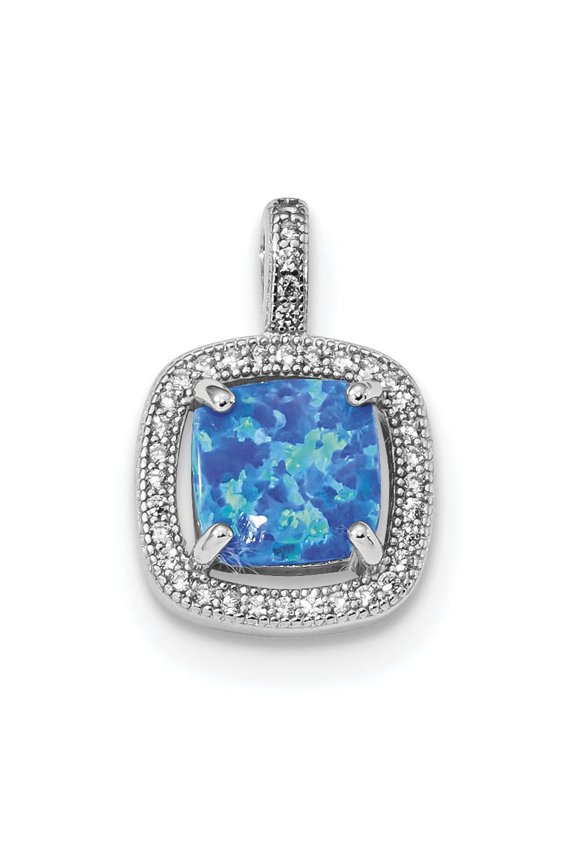 Sterling Silver Rhodium-plated Blue Square Created Opal w/CZ Pendant QP4877