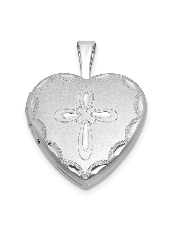 Sterling Silver Rhodium-plated Brushed Diamond-cut Fancy Engraved Cross 13mm Heart Locket
