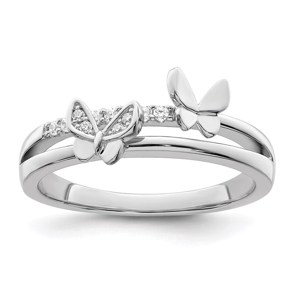 Finest Gold Sterling Silver Rhodium Plated CZ Butterflies Ring - Size 6