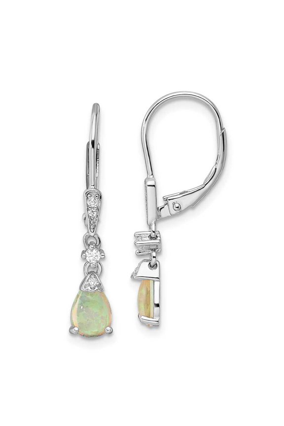 Finest Gold Sterling Silver Rhodium-Plated CZ & Created Opal Teardrop Leverback Earrings