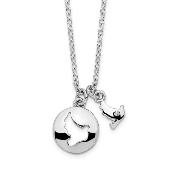 Finest Gold Sterling Silver Rhodium-Plated CZ Cut Out Dove & Dangle Necklace