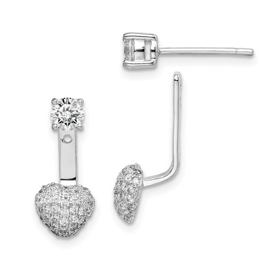 Sterling Silver Rhodium plated CZ Dangle Heart Front & Back Earrings