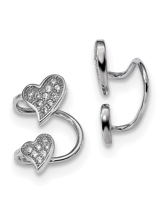 Sterling Silver Rhodium-plated CZ Double Heart Right Cuff Earring QE13677 (15mm X 10.5mm)