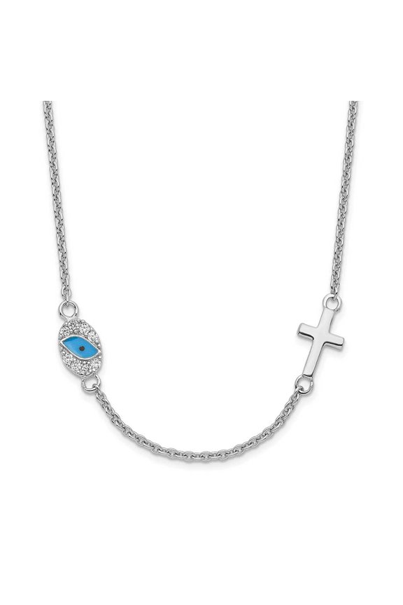 Finest Gold Sterling Silver Rhodium CZ Enamel Cross with Eye 16.5 in. with 2 in. Extension Necklace