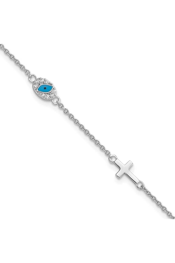 Finest Gold Sterling Silver Rhodium CZ Enamel Cross with Eye 6.5 in. with 1 in. Extension Bracelet