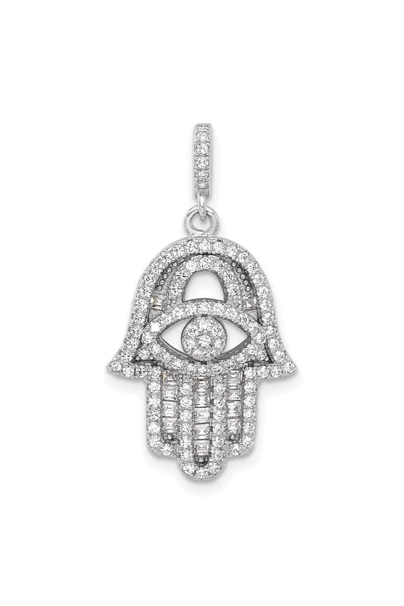Sterling Silver Rhodium-plated CZ Evil Eye Hamsa Pendant