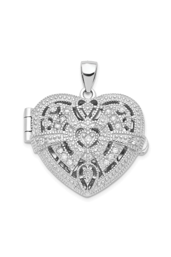 Sterling Silver Rhodium-plated CZ Fancy Design Heart 22mm Locket Pendant