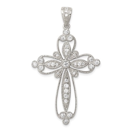 925 Sterling Silver Solid Polished Cubic Zirconia Filigree Religious Faith Cross Pendant Necklace 52x30mm Wide Pendant f