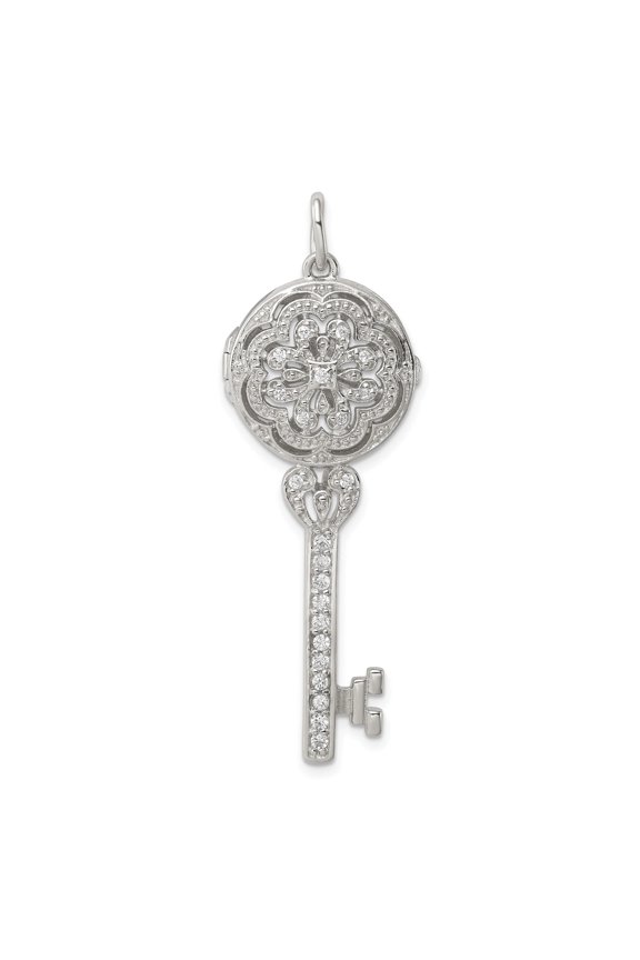 Sterling Silver Rhodium-plated CZ Filigree Locket Key Pendant